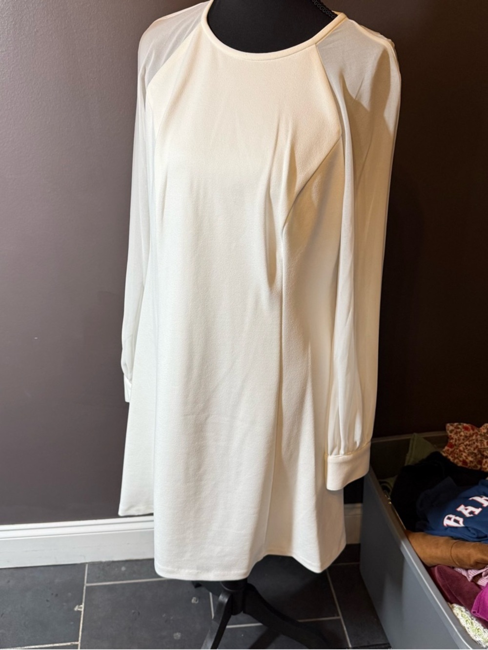 Calvin Klein Ivory Long-Sleeve Midi Shift Dress